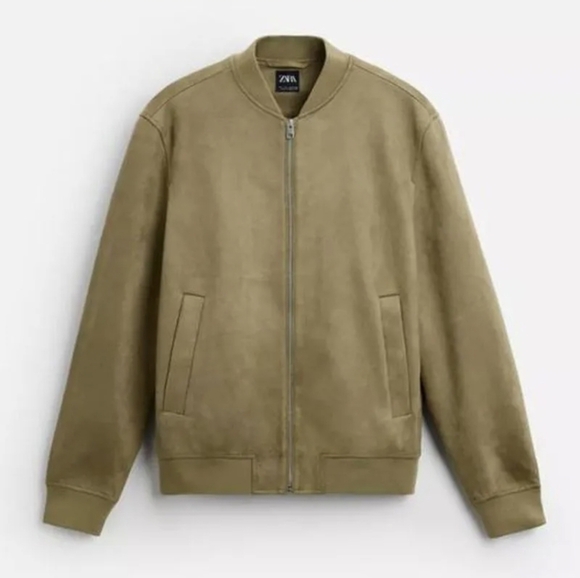 Jaket Bomber ZARA MAN Faux Suede Bomber Jacket Khaki Size Medium - Picture 2 of 8